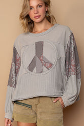 POL Long Sleeve Cut Sew Peace Emblem Top Grey OutfitFlow